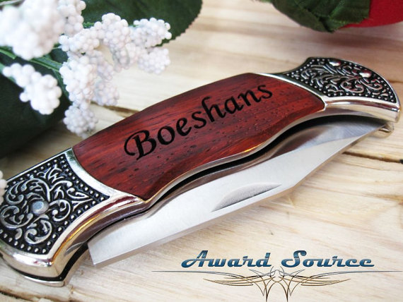 Hochzeit - 3 Personalized Groomsmen Gifts - Custom Engraved Wood Handle Pocket Knife Hunting Knives - Groomsman Best Man Ring Bearer Gift