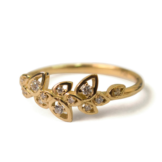 Wedding - Diamond Art Deco Petal Engagement Ring - 18K Gold and Diamond engagement ring, leaf ring, flower ring, antique, vintage, halo ring
