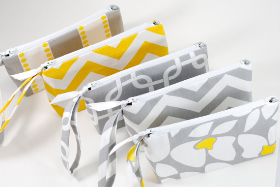 Wedding - Set Of 5 Gray and Yellow Wedding Bride Bridesmaid Clutch Wristlet Gray Yellow and White