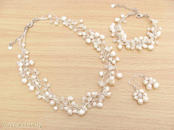 Hochzeit - Jewelry set - White freshwater pearl necklace, Bracelet, Earring, Bridal jewelry, Wedding jewelry set, Bridesmaid jewelry, Wedding jewelry
