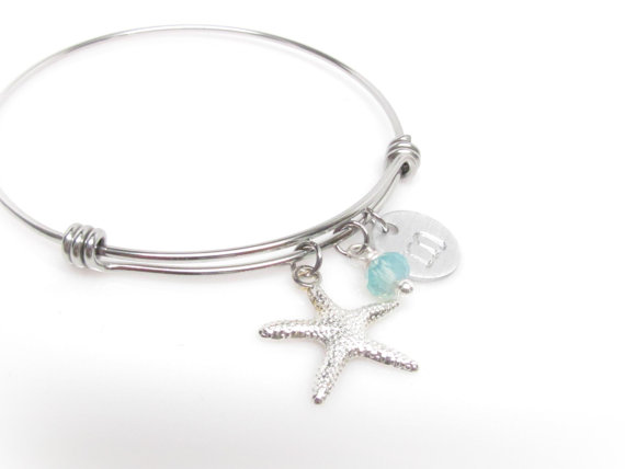Wedding - Beach Charm Bracelet  Adjustable Bangle  Designer Inspired  Personalized Initial Jewelry Starfish Beach Wedding Bridesmaid Gift