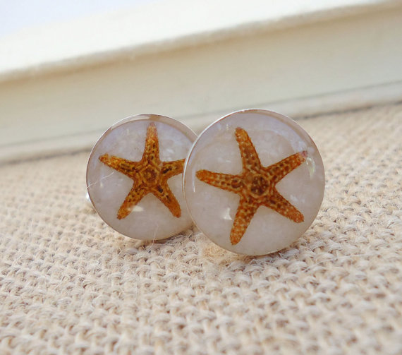 Mariage - Real Starfish Cuff links - Beach Wedding Groomsmen Gift -  White Sand and Mini Starfish Cufflinks -  Best Man Gift - Beach Wedding Cufflinks
