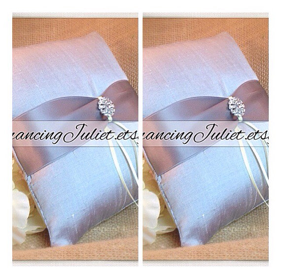 زفاف - Pure Dupioni Silk and Rhinestones Ring Bearer Pillow..You Choose from Over 50 Silk Colors...SET OF 2...shown in silver gray/pewter sash 