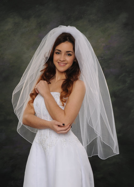 Wedding - Pencil Edge Bridal Veils 2 Layers White Illusion Fingertip Wedding Veils 38 Long Double Layers 72 wide