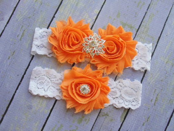 Hochzeit - Orange Garter, Orange Wedding Garter, Colorful Wedding, Garter Belt, Bright Orange Wedding Garter, Tangerine Garter, Orange Wedding