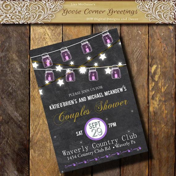 Hochzeit - CHALKBOARD STRING LIGHT Couples Shower Invitation Purple Gold Any Color Lantern Invite Birthday Bridal Shower invitations Rehearsal Dinner