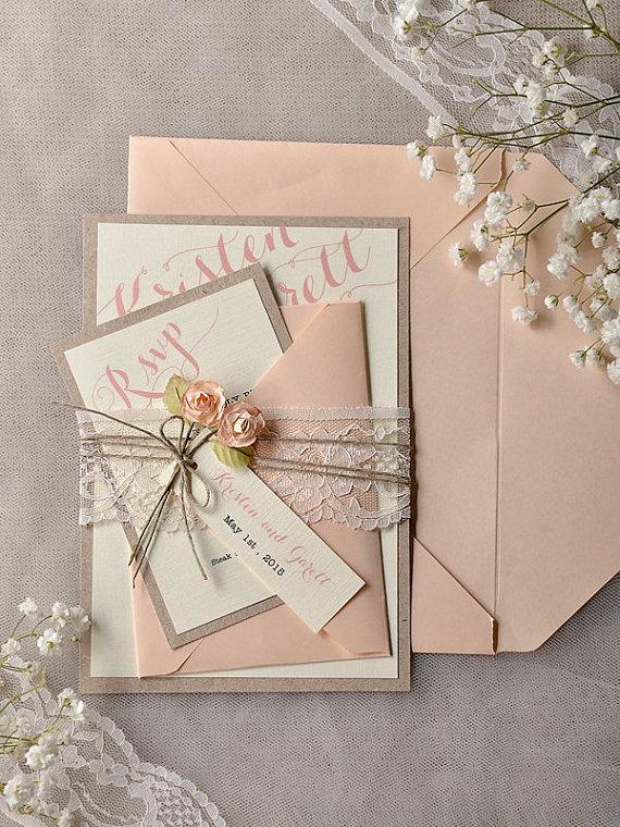 Свадьба - invitations Grey Peach  Wedding Invitation -  Vintage Lace Wedding Invitations