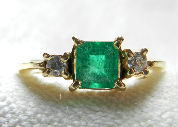 Wedding - Emerald Engagement Ring Vintage 1 Carat Columbian Emerald Ring with Genuine Transitional Cut Diamond Accents, May Birthday