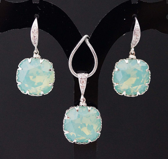 Hochzeit - Wedding Bridal Jewelry Bridesmaid Necklace Bridesmaid Earrings Mint Pacific Opal Swarovski square Crystal drop dangle Jewelry set
