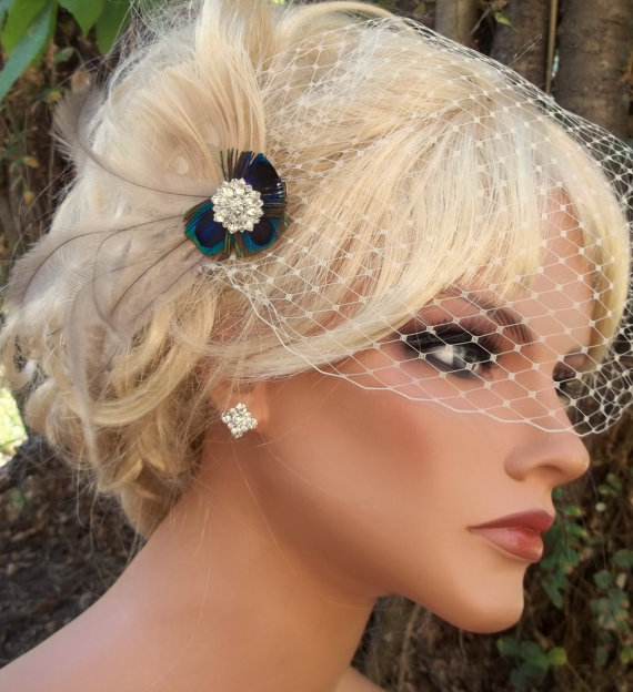 زفاف - Wedding Bridal Fascinator Hair Clip Ivory Peacock, French Net Bridal Veil, Natural Peacock, Weddings, Bridal, Special Occasion, Womens, Gift