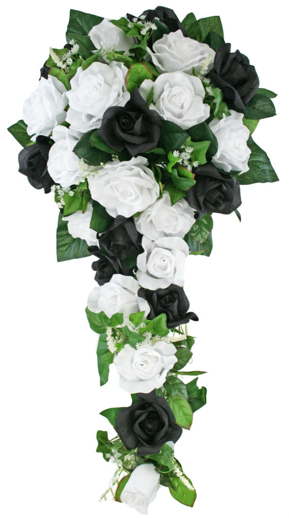 Hochzeit - Black And White Silk Rose Cascade - Bridal Wedding Bouquet