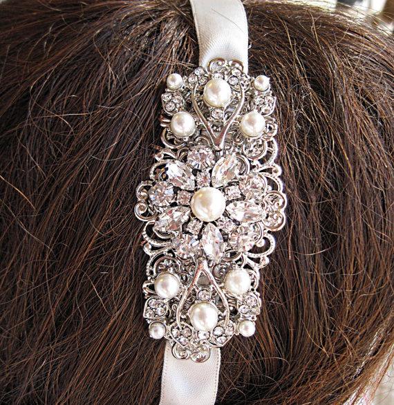 Hochzeit - wedding headband bridal Hairpiece ribbon hair band pearl headpiece crystal headband silver hair piece rhinestone headpiece ribbon headband