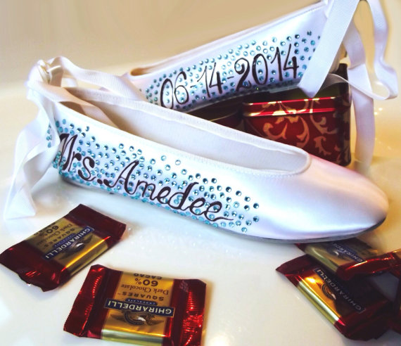 Mariage - Wedding shoes white ballerina flat Tiffany chocolate custom names I do crystals