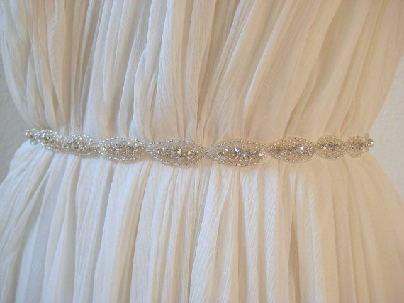 Hochzeit - Bridal beaded oval slim crystal sash.  Rhinestone ribbon wedding belt.  CLAIRE