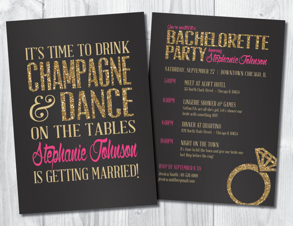 Свадьба - Bachelorette Invitation, Bachelorette Party Invite, Drink Champagne and Dance on Tables (Customizable & Printable) Black, Pink, Gold Glitter