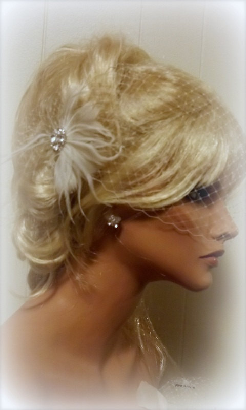 Hochzeit - Bridal fascinator, Birdcage bandeau bridal veil - feathered fascinator wedding hair clip White or Ivory 2 piece set
