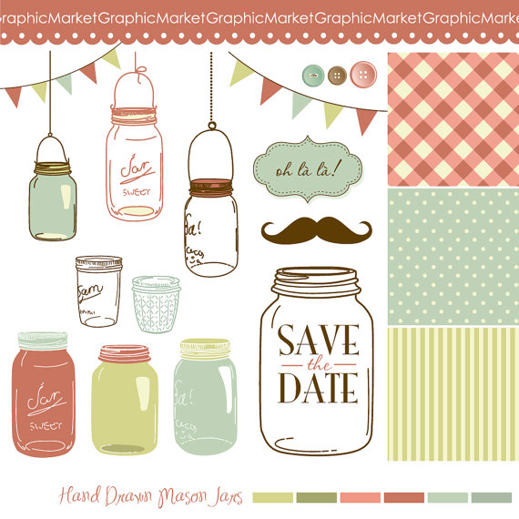Mariage - 14 Hand Drawn Mason Jars and digital paper - Clip art for scrapbooking, wedding invitations, Personal and Small Commercial Use.