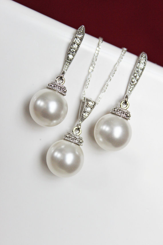 Wedding - Pearl Drop Bridal Earrings and Necklace Jewelry Set, White Pearl Wedding Jewelry Set, Wedding Necklace, Bridesmaids Jewelry Set, Gift Set