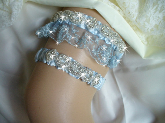 زفاف - Wedding Garter Set, Something Blue Garter Belt, Bridal Garter Belt, Crystal Bridal Garter, Embroidered Beaded Organza Garter, Made To Order
