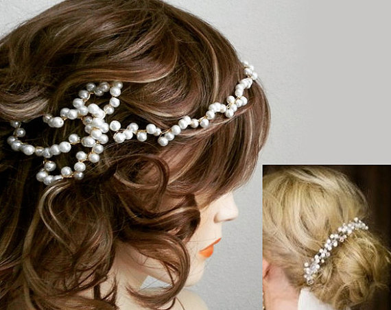 Wedding - 1920s Pearl Bridal Headband Gold Wedding Accessories, Pearl Hair Clip, Pearl Bun Wrap, Bridal Hair Accessories