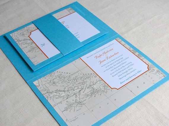 Mariage - Caribbean Map Wedding Invitation Booklet - Jamaica Bahamas Island Destination - Cruise - Vintage Map - Custom Colors