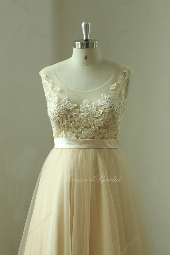 زفاف - A-line Sex sheer champange  wedding dress, lace tulle wedding gown, sheer lace wedding dress