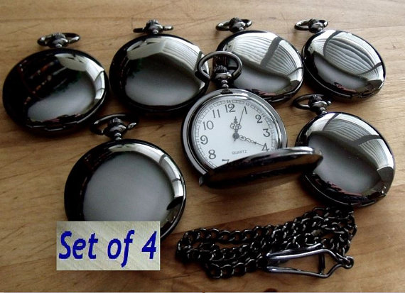 Hochzeit - Set of 4 Black Pocket Watch with Chain Personalized Clearance Destash Groomsmen Gift for your Wedding