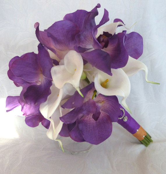 Wedding - 4 piece Purple orchid Bridal Bouquet real touch purple Vanda orchids with white calla lilies and white hydrangea tropical wedding bouquet