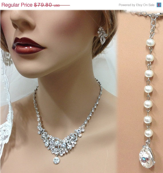 Hochzeit - Wedding jewelry set, Bridal back drop bib necklace and earrings, vintage inspired crystal pearl necklace statement, crystal jewelry set