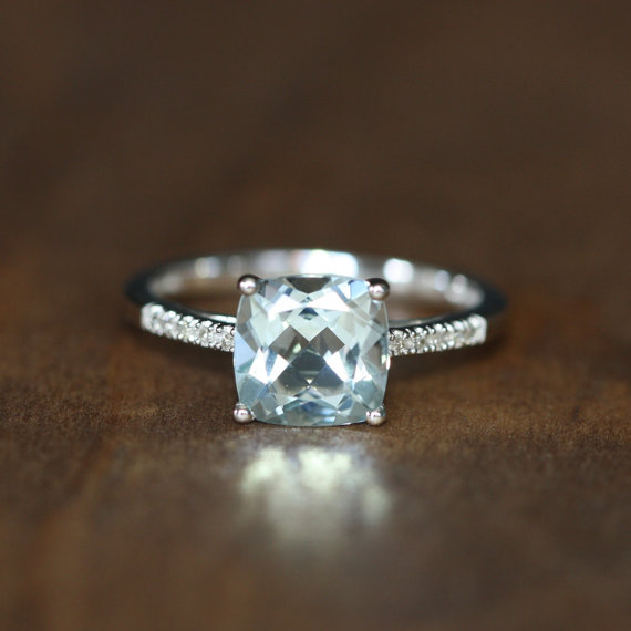 Hochzeit - Cushion Aquamarine and Diamond Engagement Ring in 14k White Gold Solitaire Aquamarine Ring March Birthstone Gemstone Ring Size 7 (Resizable)