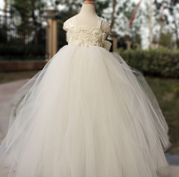 Hochzeit - Flower girl dress chiffton flowers Ivory tutu dress baby dress toddler birthday dress wedding dress 1-8T