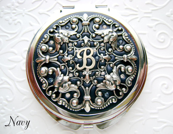 Mariage - Bridesmaid Gift Navy Blue Custom Personalized Compact Mirror , Wedding Party