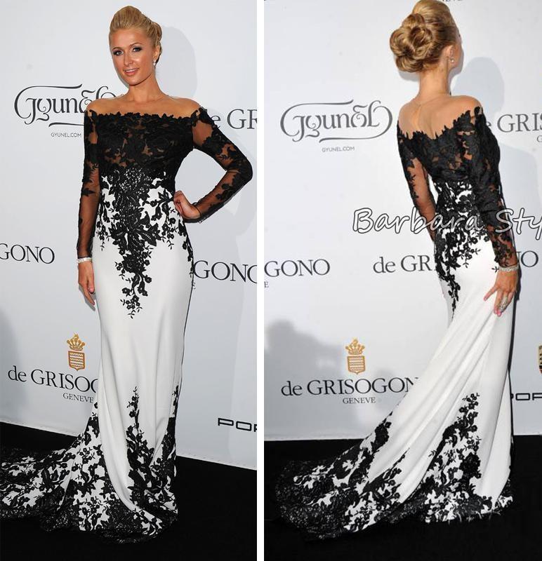 Свадьба - 2015 Sexy Sheer Black White Evening Dresses Long Sleeves Illusion Sheer Mermaid Lace Applique Train Celebrity Red Carpet Prom Gowns Party, $106.43 