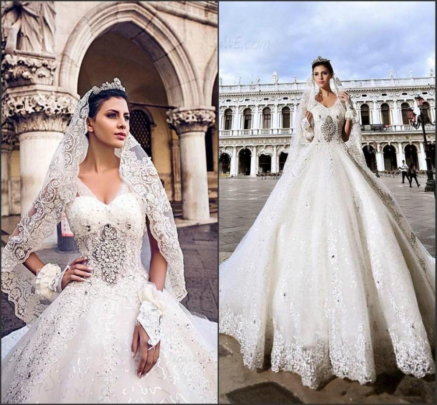 Wedding - Gorgeous 2015 Wedding Dresses With Beads Lace Crystal Sequins Rhinestone Applique V-Neck Court Train Bridal Dresses Ball Gowns Custom Made Online with $151.59/Piece on Hjklp88's Store 