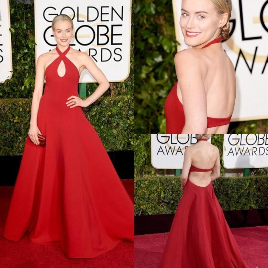 Hochzeit - Backless Evening Dresses TaylorSchil In 2015 Golden Globes Celebrity Dress A Line Red Satin Sweep Train Halter Red Carpet Party Formal Gown Online with $96.76/Piece on Hjklp88's Store 