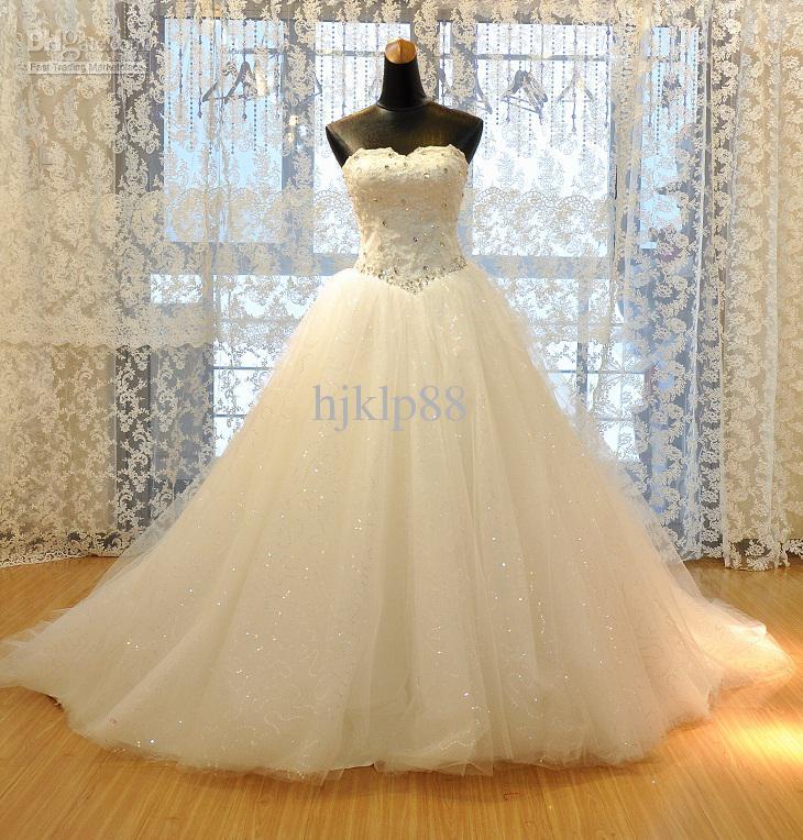 Mariage - New Sweetheart Strapless Sequins Net Wedding Dress with Beaded Crystal Lace Bust Chapel Train Tulle Wedding Dresses Bridal Dresses Lace Up, $104.82 