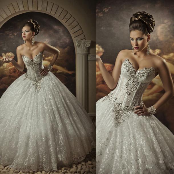 زفاف - Royal Dramatic Sexy Sweetheart Ball Lace Bling Crystals Beaded See Through Corset Wedding Dresses For Brides Garden Bridal Gowns, $179.26 