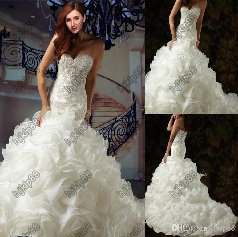 Свадьба - Luxury Wedding Dresses New Sexy Sweetheart Strapless Applique Beading Ivory/White Ruffles Organza Wedding Dress Chapel Train Bride Gowns Online with $120.14/Piece on Hjklp88's Store 
