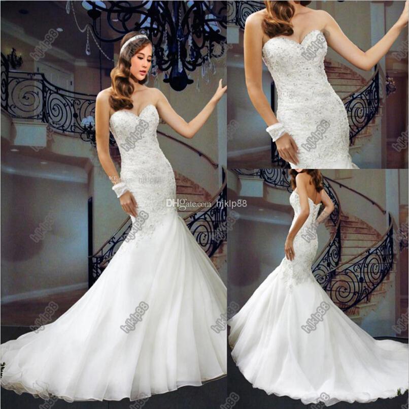 Hochzeit - 2014 Wedding Dresses Organza Sweetheart Floor Length Beaded Pearls Sequins Ruffled Mordern Mermaid Concise Grace Elegant Summer Style W137, $113.09 
