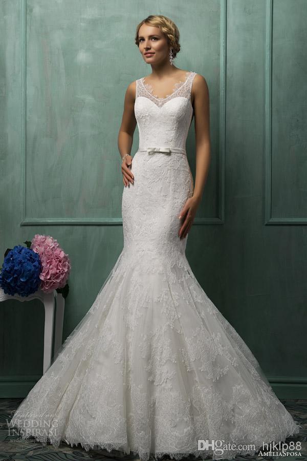 زفاف - 2014 New Arrival AmeliaSposa Wedding Dresses Lace Applique Bow Sleeveless Illusion Backless Covered Button Wedding Dress V-Neck Bridal Gowns, $106.29 