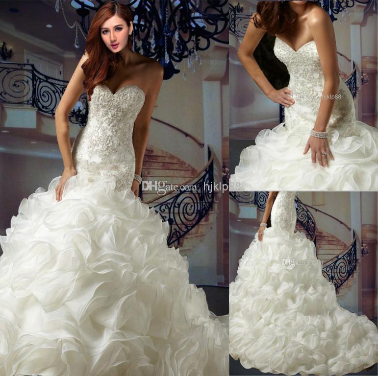 زفاف - 2014 New Super Luxury Ruffles Organza Applique Beaded Mermaid Wedding Dresses Sweetheart Strapless Covered Button Wedding Dress Bridal Gowns, $124.54 