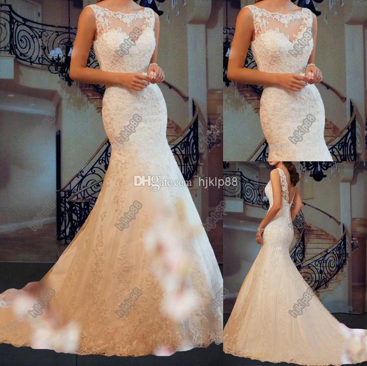زفاف - 2014 New Arrival Mermaid Wedding Dresses Illusion Beaded Bateau Neckline Lace Tulle Gown Backless Wedding Dress, $121.47 