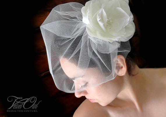 Hochzeit - Bridal flower comb clip fascinator and detachable mini blusher tulle birdcage veil - ESME