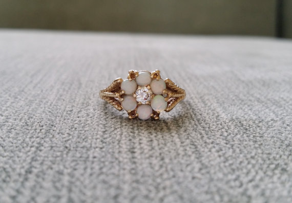 Wedding - Antique Opal White Sapphire Engagement Ring Flower Filigree Art Nouvea Art Deco Setting 10K Yellow Antique Gold size 5.5