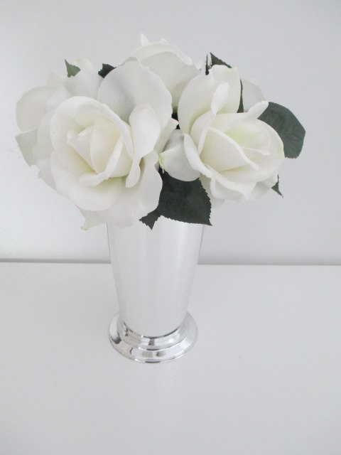 Mariage - Tall Realtouch Rose Silver Metallic Julep Cup Wedding Ceremony Floral Centerpiece Aisle Arrangement