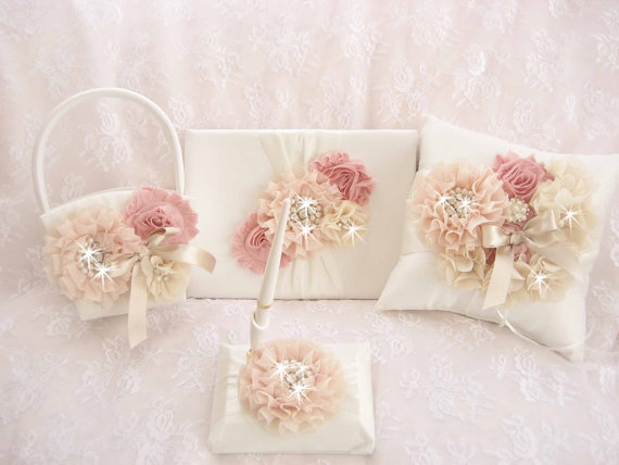 Hochzeit - Victorian Rose Wedding Set Basket and Pillow, Guest Book, Pen,  Ring Bearer Pillow, Flower Girl Basket Set Wedding Pillow Vintage