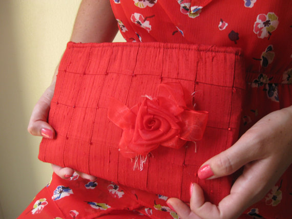Mariage - Lipstick Red Clutch - The Lily Viola Clutch, Red silk formal clutch, beaded wedding bag, red carpet accessory, Mother of the Bride bag