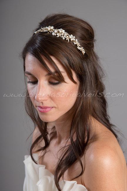 زفاف - Gold Headband with Light Ivory Pearls, Rhinestones, Bridal Headband, Wedding Hair Piece - Brandi