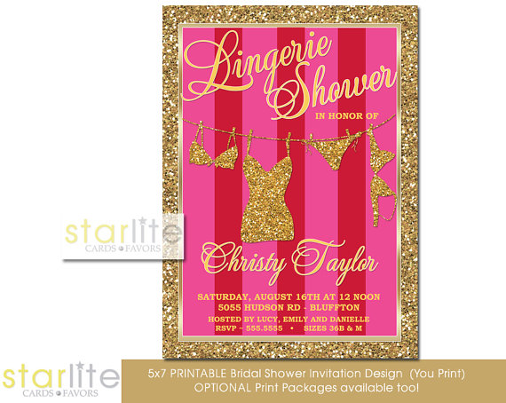 Wedding - Pink and Gold Lingerie Shower Invitation Unique Glitter Wedding Invitation Vintage Script Sparkly Glam Printable Digital or Printed