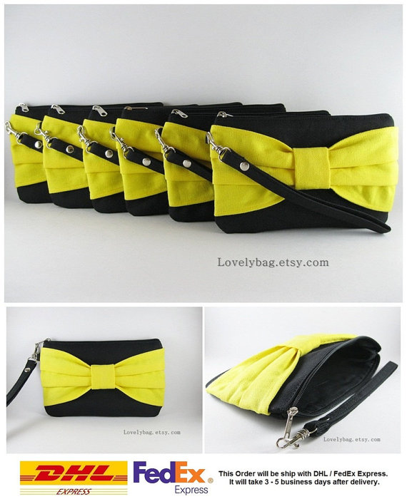 Свадьба - SUPER SALE - Set of 9 Black with Yellow Bow Clutches - Bridal Clutches, Bridesmaid Clutch, Bridesmaid Wristlet, Wedding Gift - Made To Order